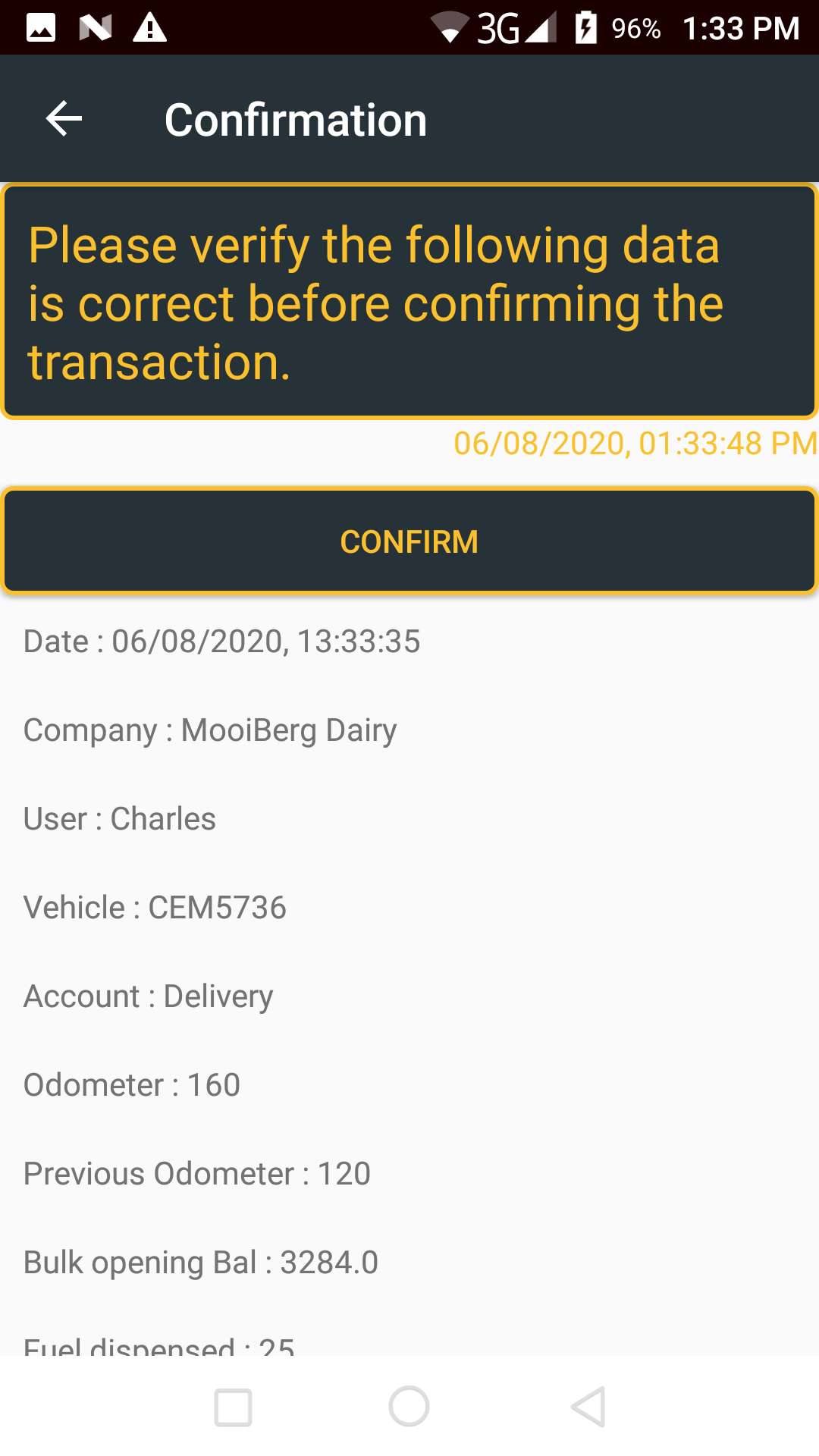 Liquitrack Fuel Record App, showing a transaction being confirmed.